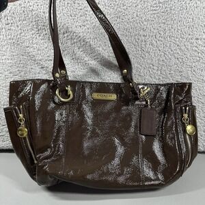 Coach Gallery Patent‎ Leather Tote Bag Brown Gold Pink Satin Lining Zipper